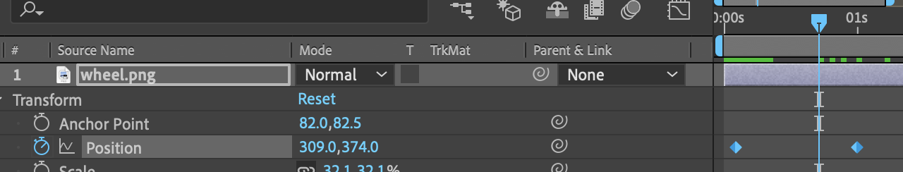 the timeline of in After Effects. The active layer says position and it has two keyframes on it