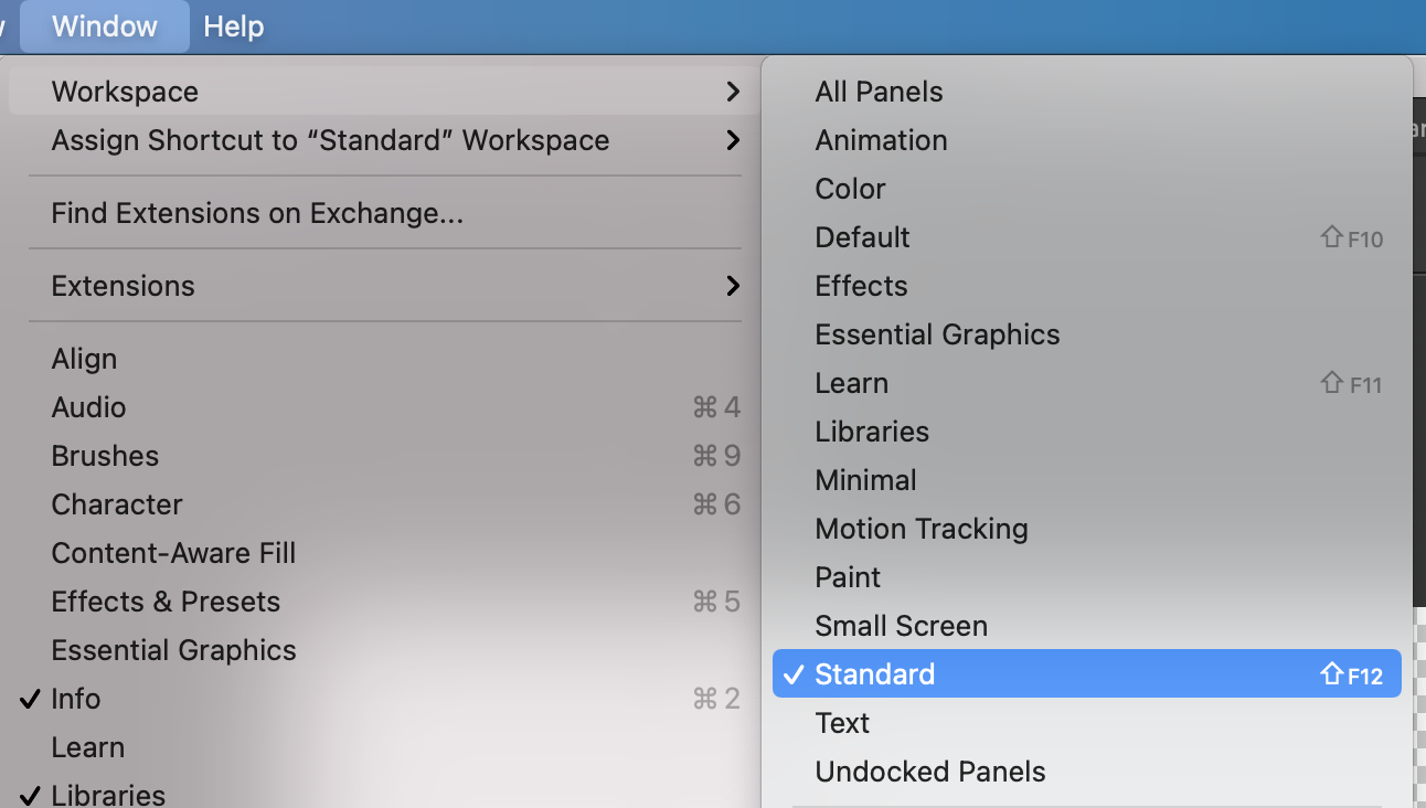 screenshot showing AE workspaces