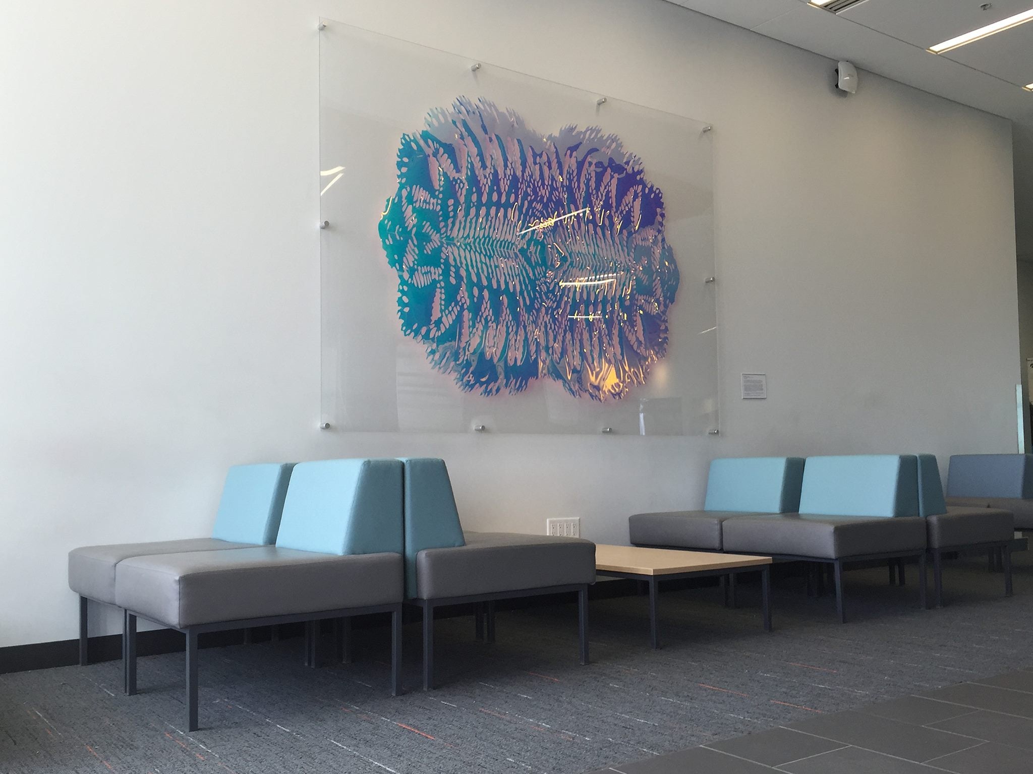 artwork on a wall, with a label on the right side of it