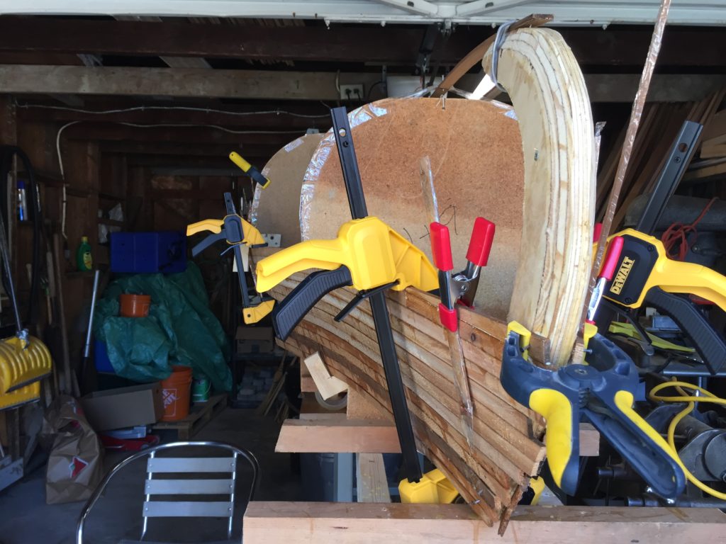 front of a canoe under construction