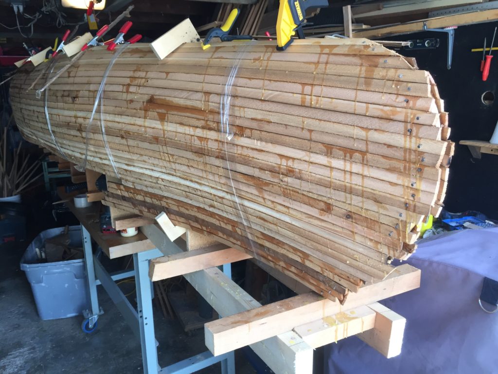 front of a canoe under construction
