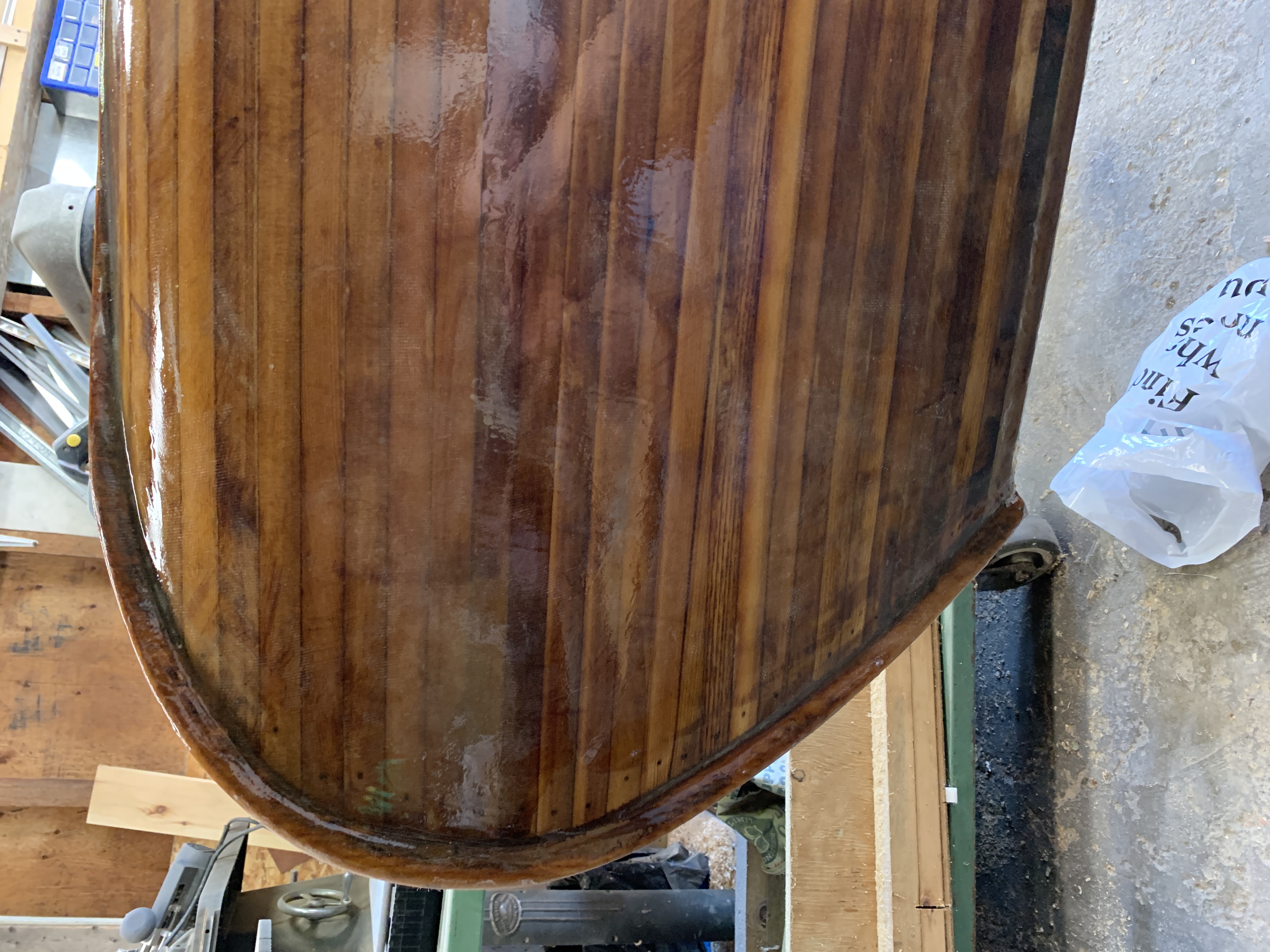 front of a canoe under construction