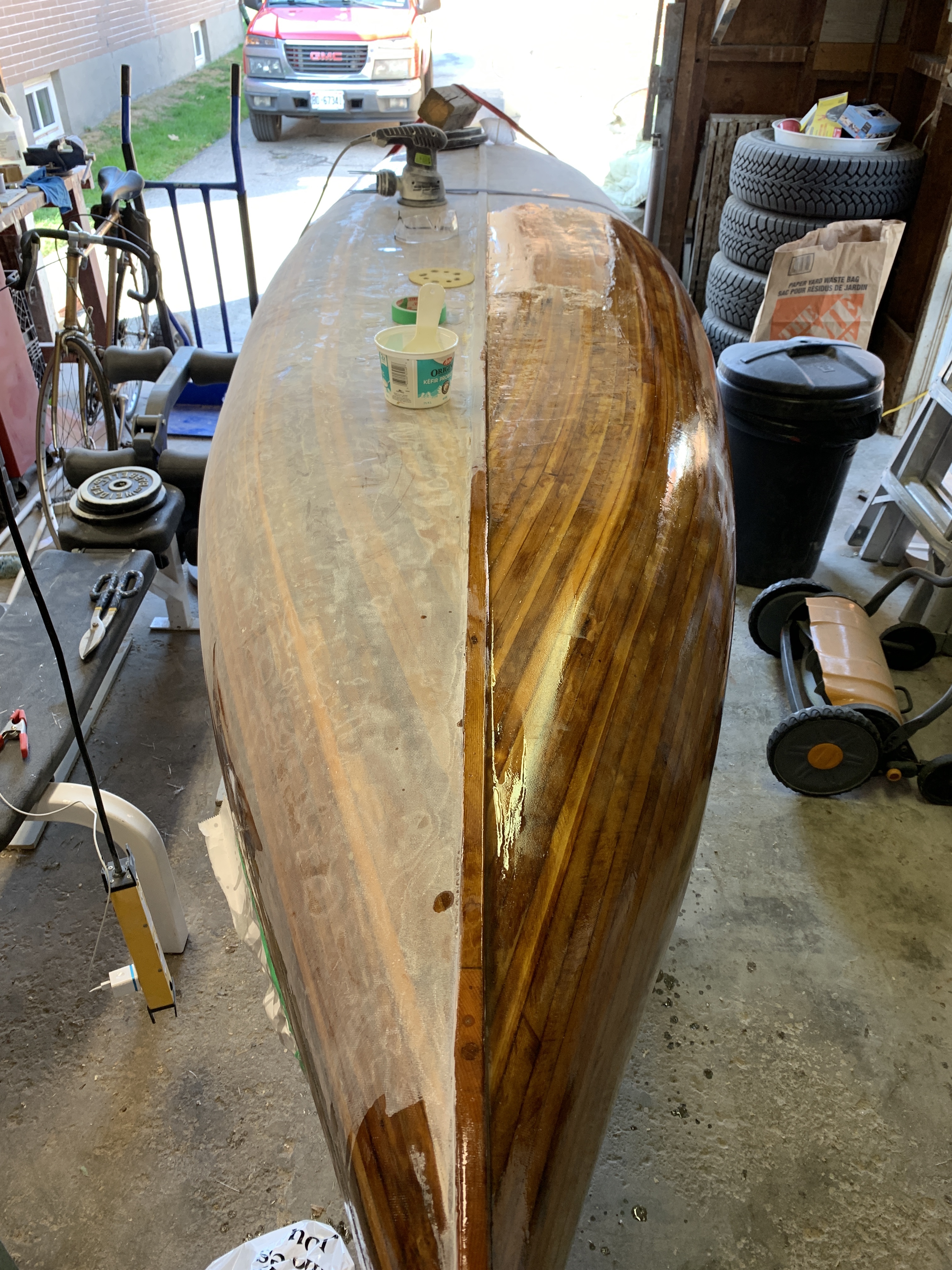 front of a canoe under construction