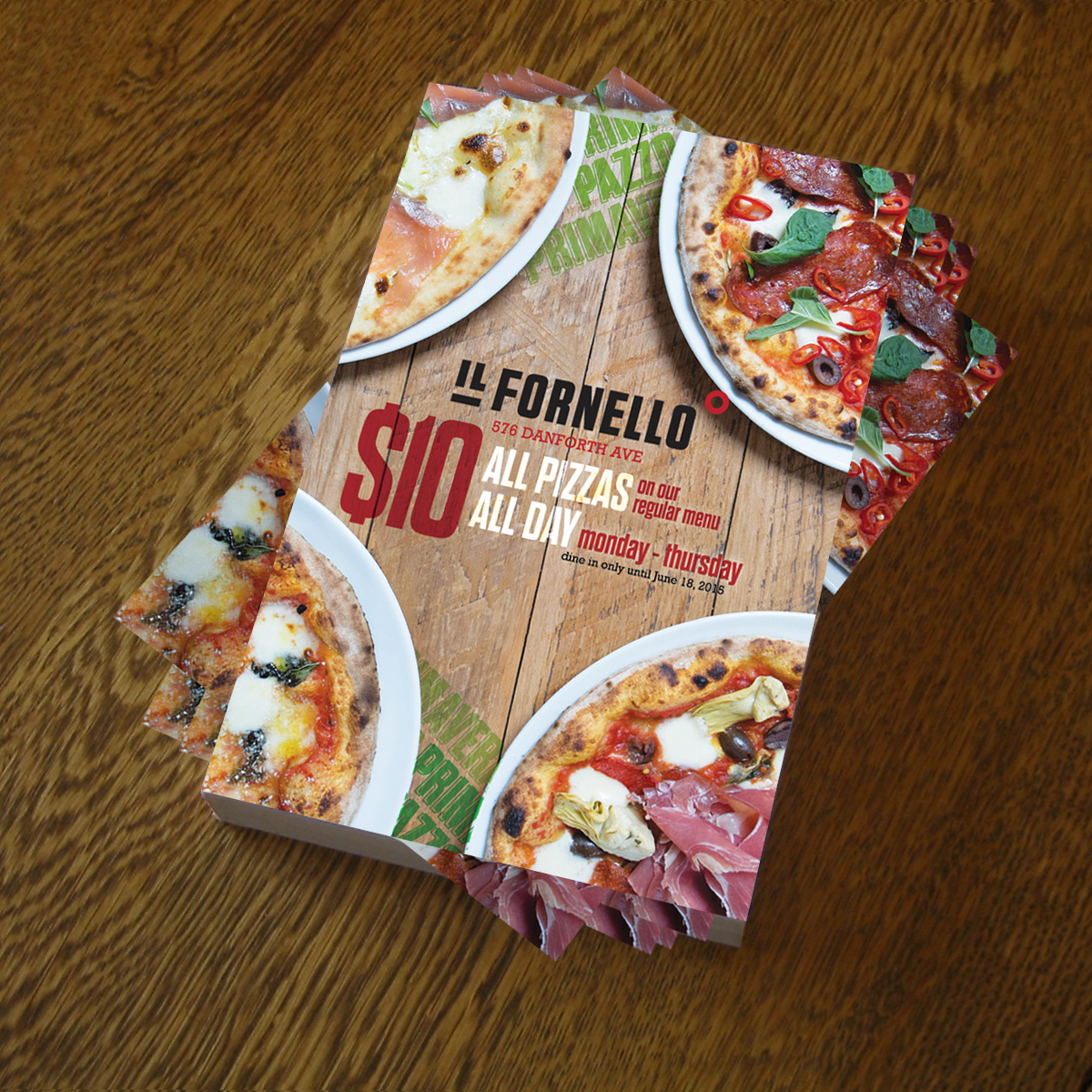 a postcard advertising 10$ pizzas