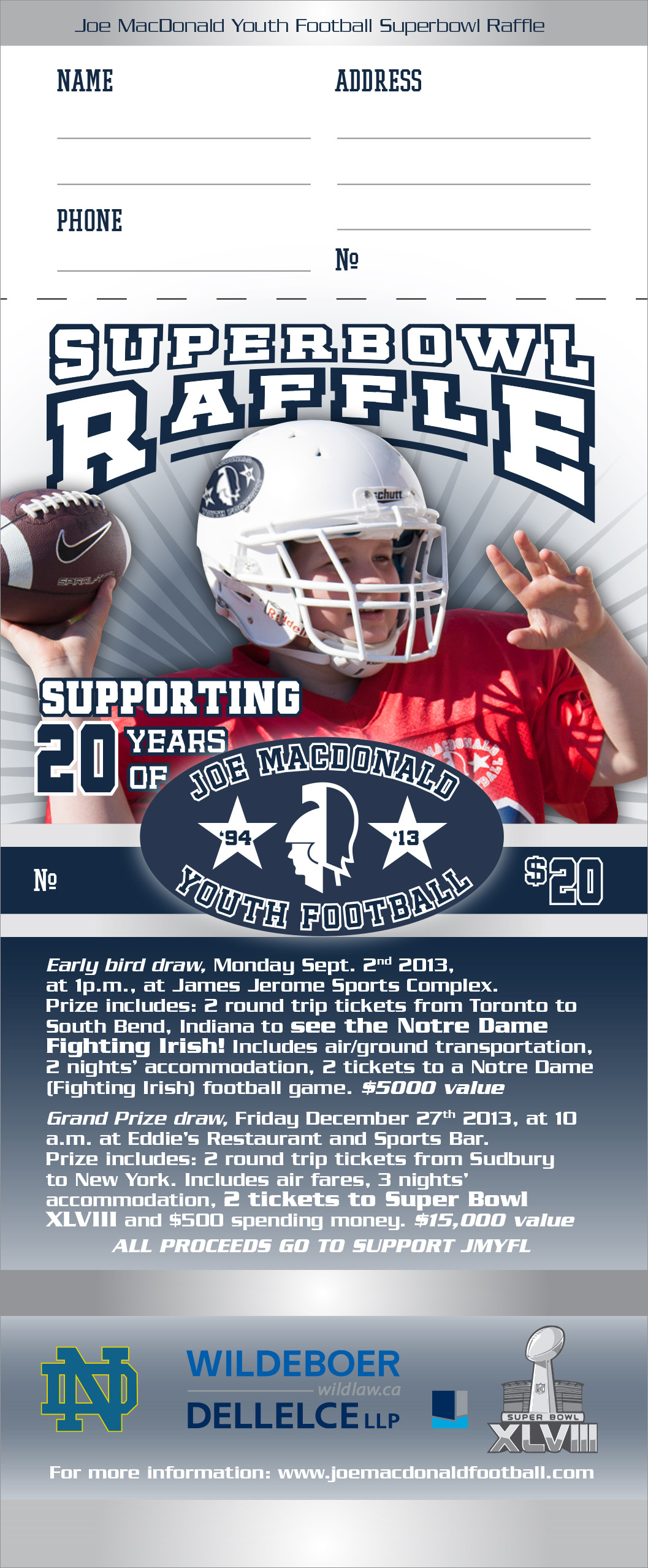 raffle ticket with a youth football player image