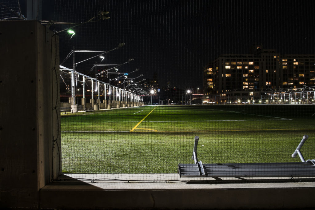 a community soccer field at night