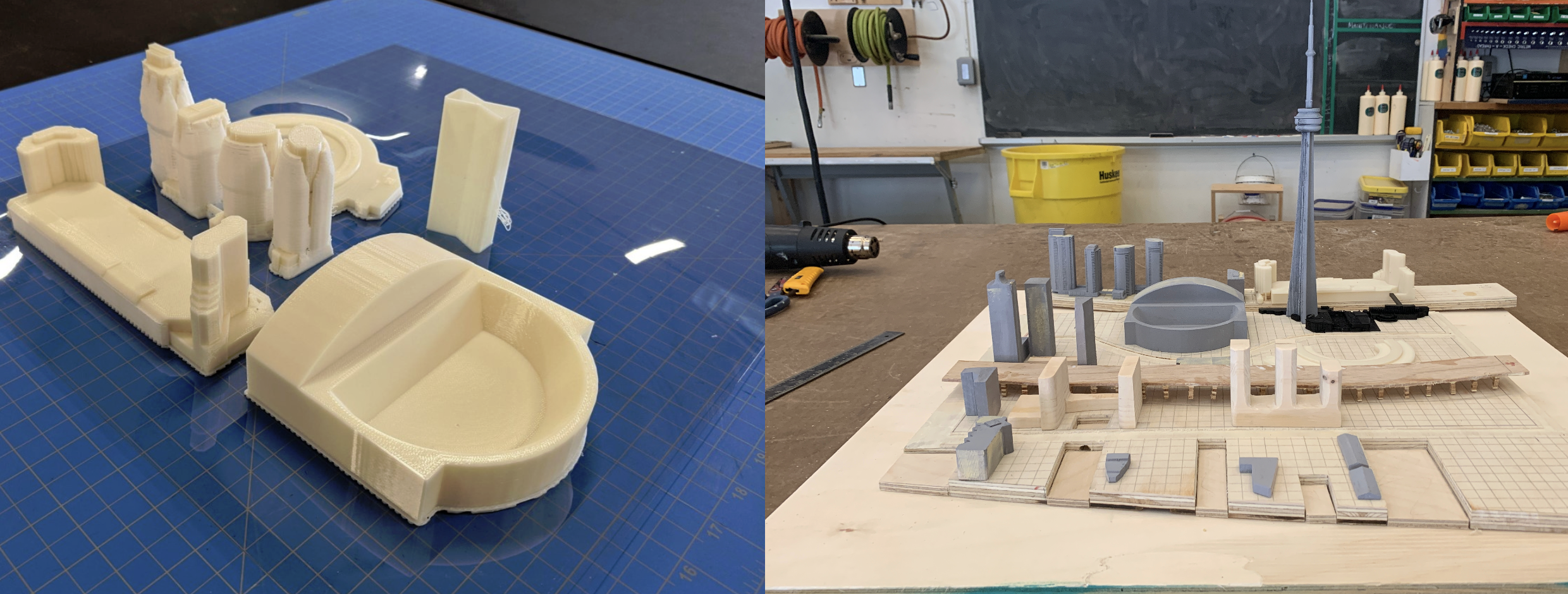 small wooden and plastic models of city buildings