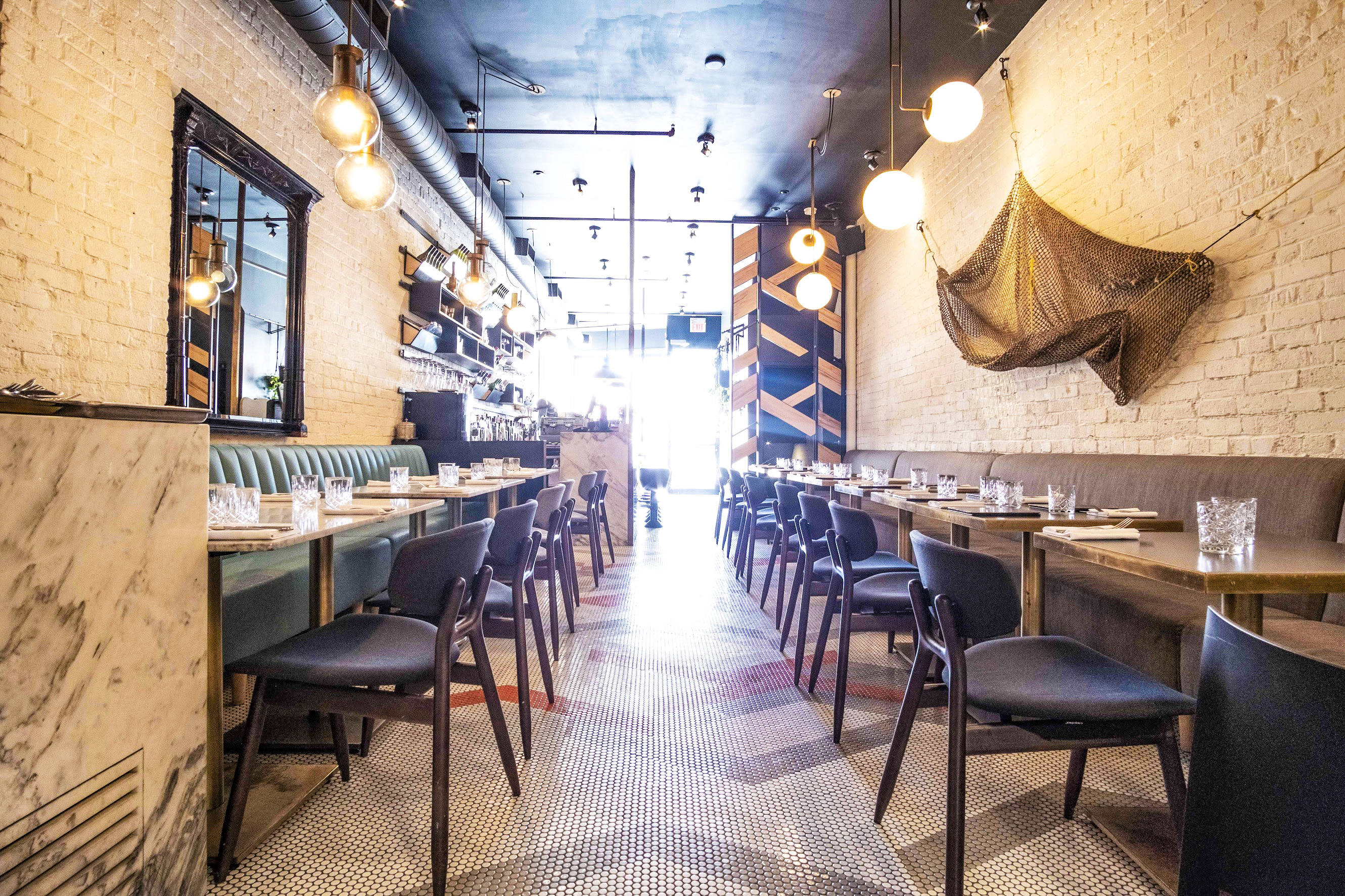 long narrow restaurant with half benches on either side
