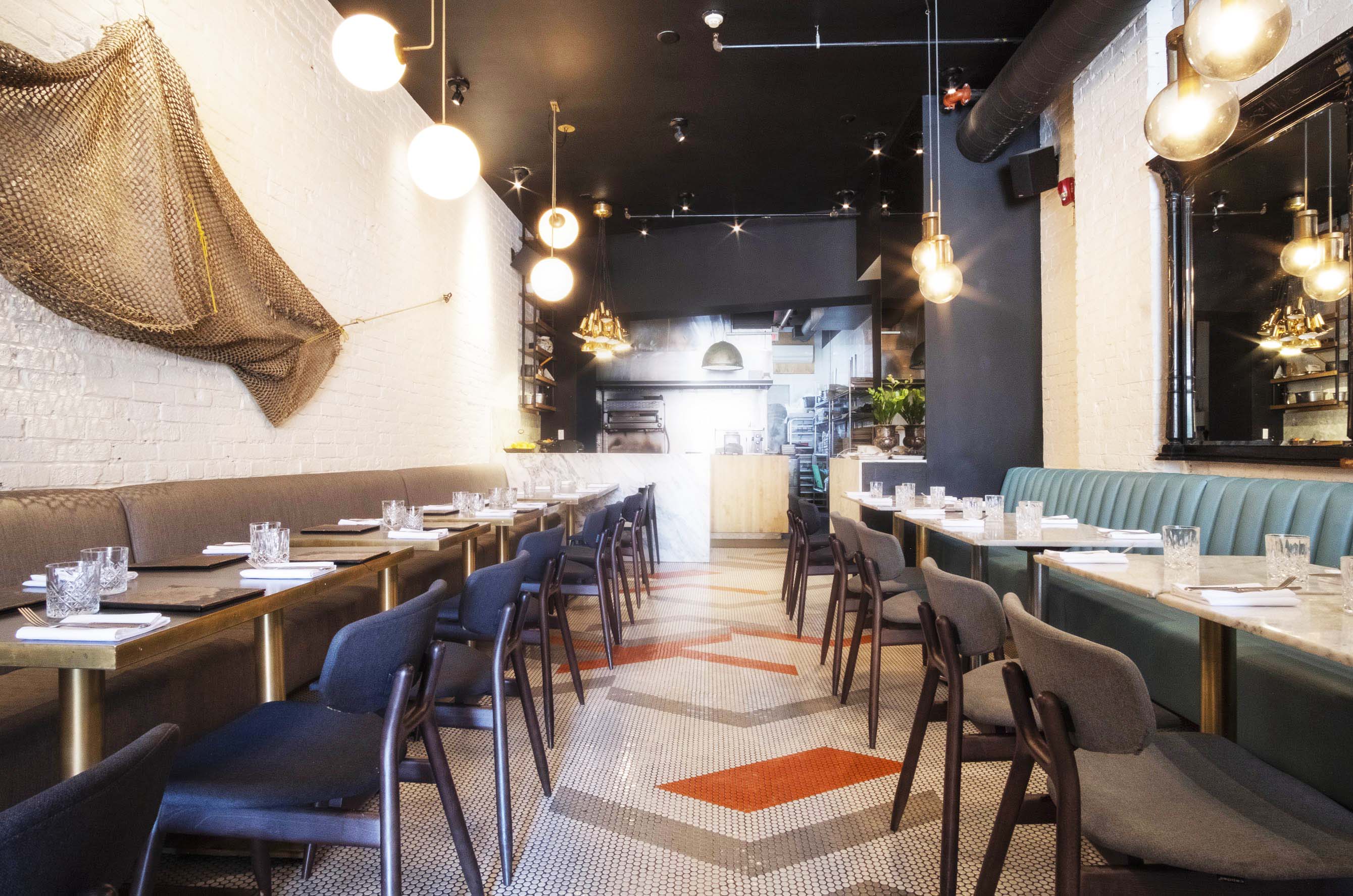 long narrow restaurant with half benches on either side
