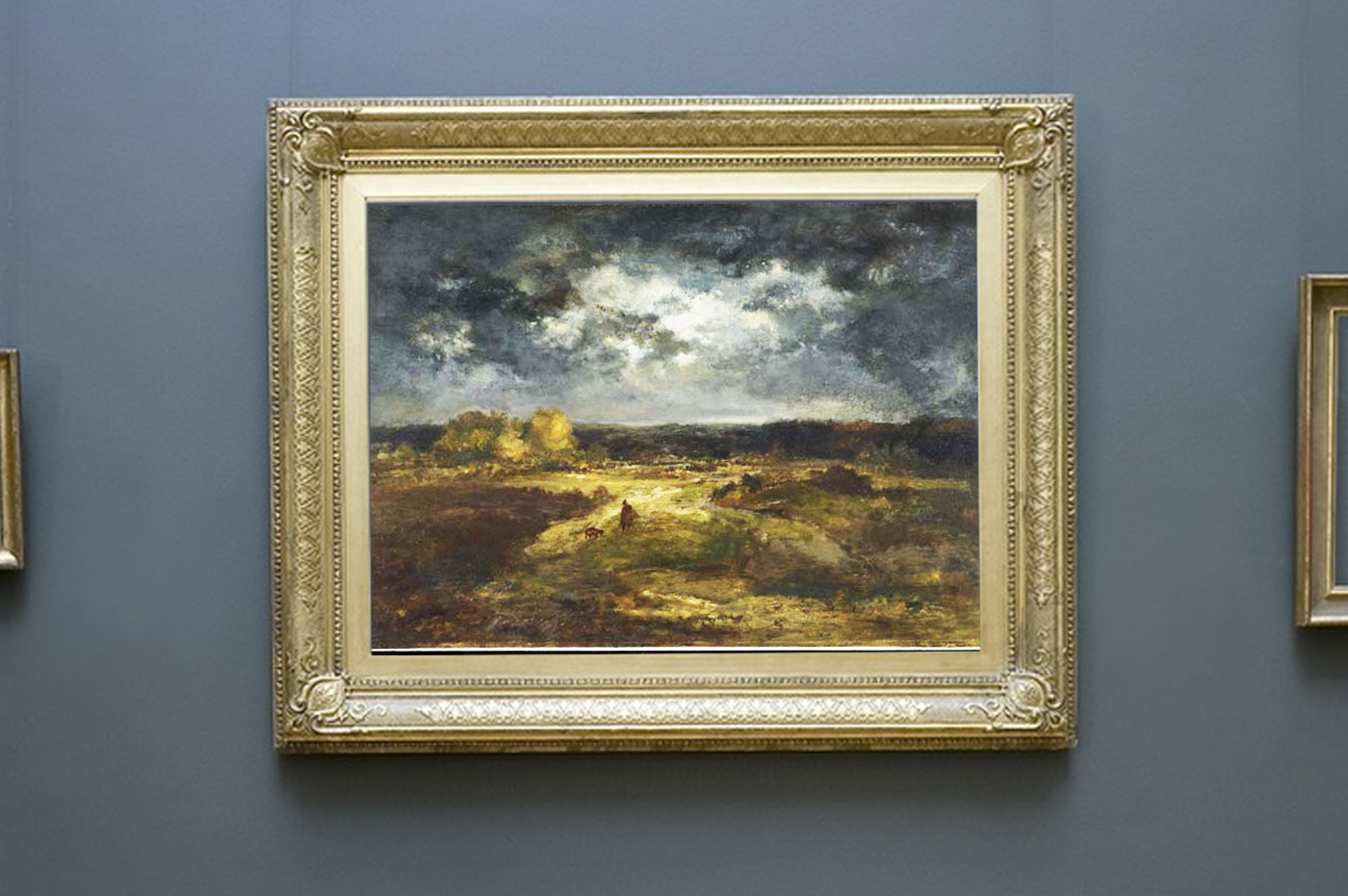 a painting of a a man and a small animal in a damp meadow with a storm in the background